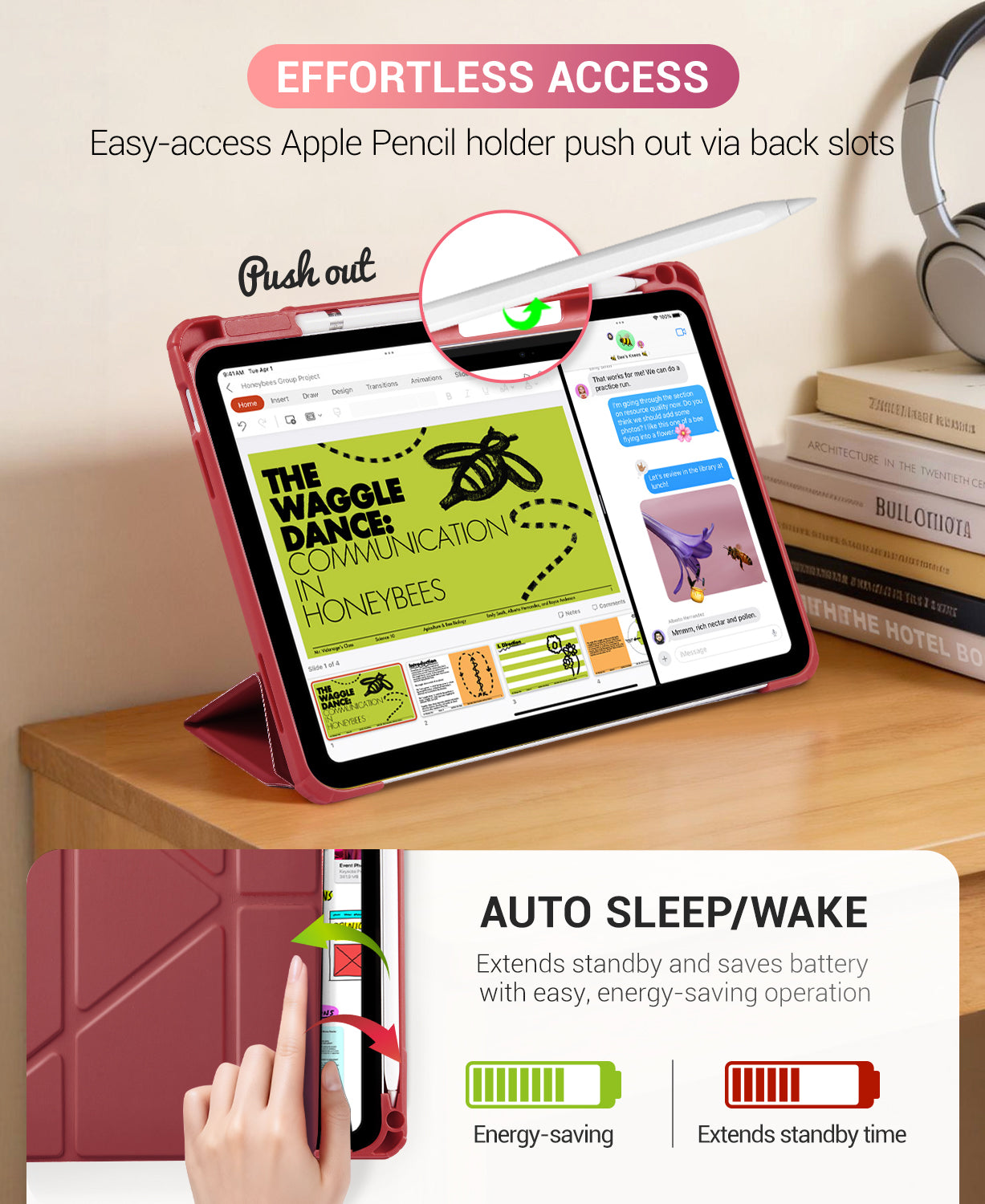 iPad 11th Gen (10th Compatible) Case With Y-Fold Magnetic Stand#Color_Wine Red