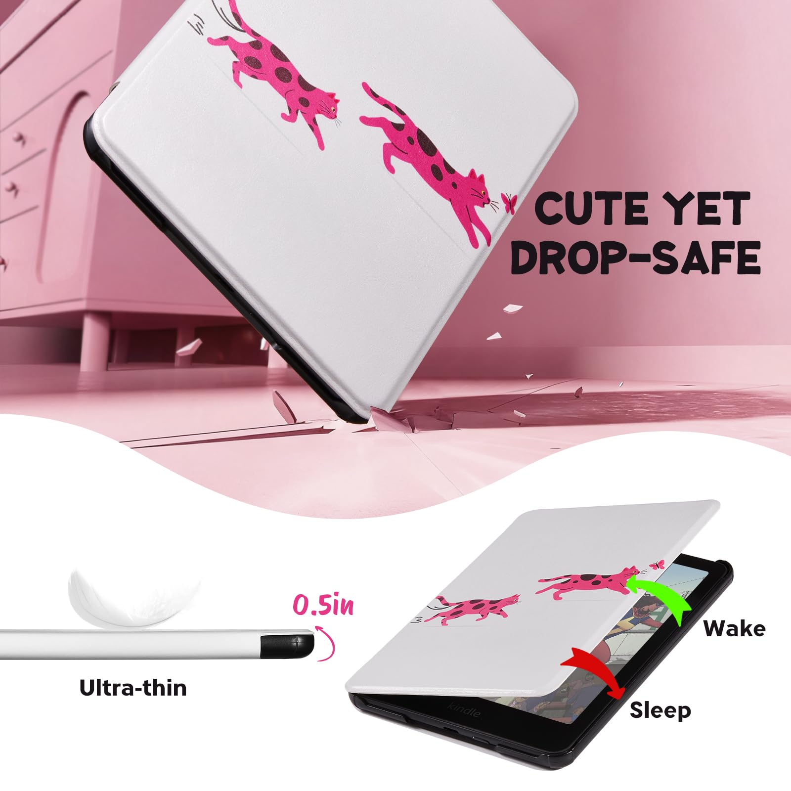 Kindle Paperwhite 12th Gen 7 inch (2024) Case With Stand–Cute Prints#Color_Pink Pounce