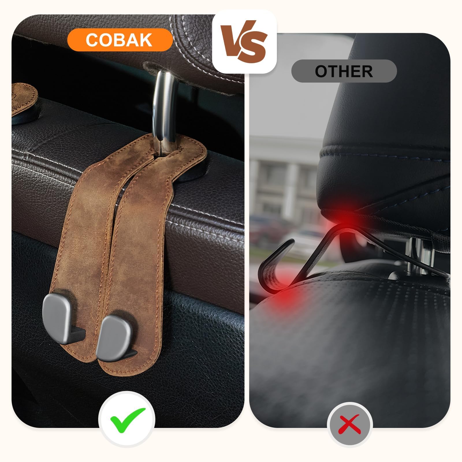 Car Seat Back Hook for Bags Leather Metal 2 Pack Organizer