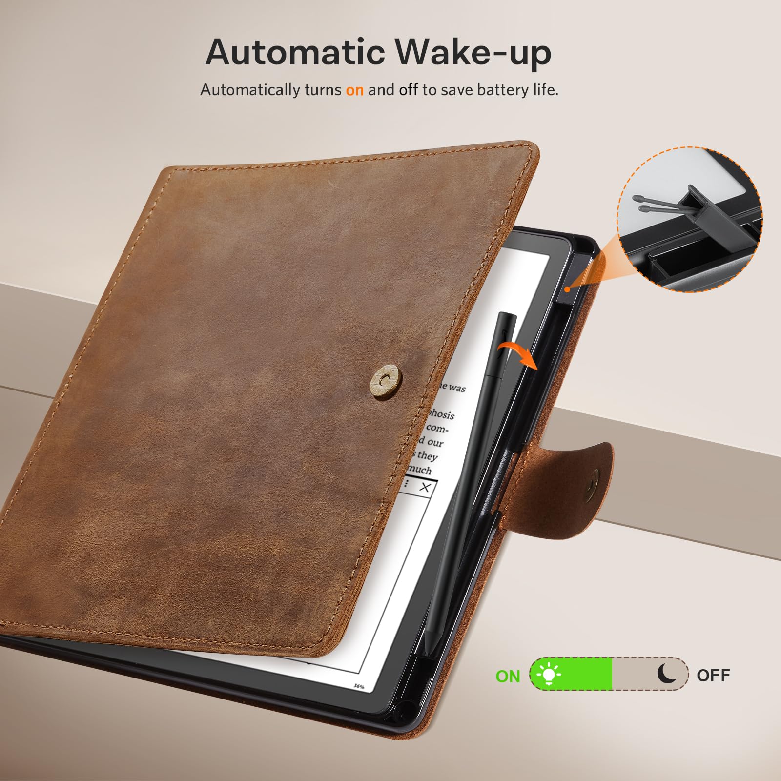 Kindle Scribe 10.2 Genuine Leather Folio Cover with Pen Holder#Color_Cowhide Brown