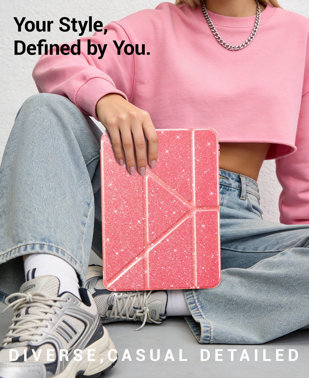 iPad 11th Gen (10th Compatible) Case With Y-Fold Magnetic Stand#Color_Sparkling Pink