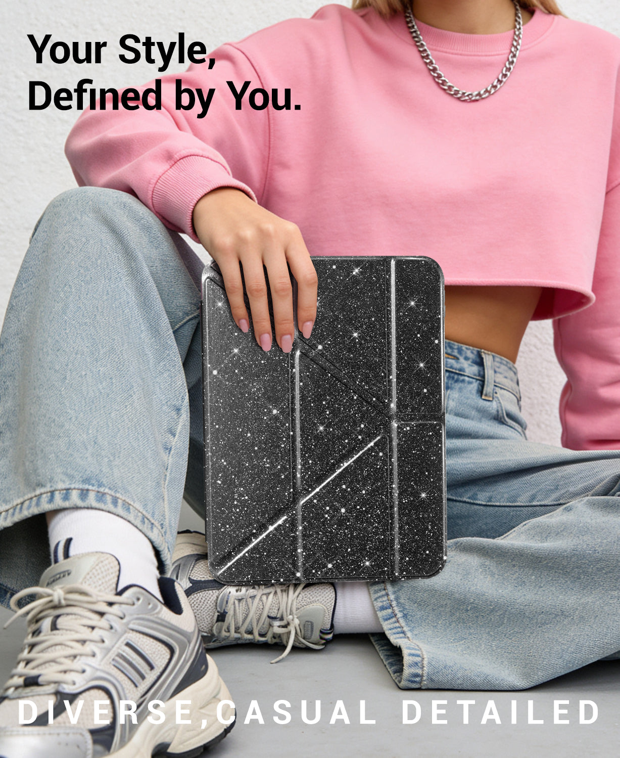 iPad 11th Gen (10th Compatible) Case With Y-Fold Magnetic Stand#Color_Sparkling Black