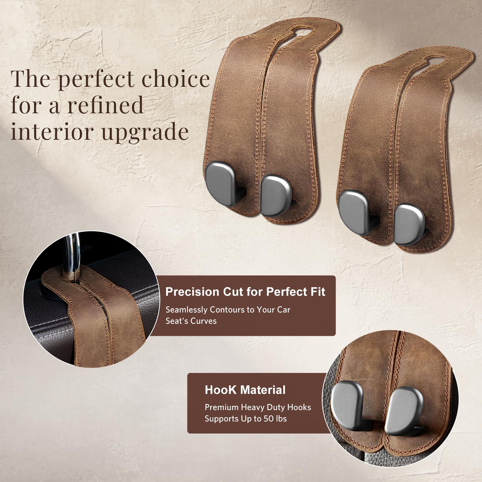 Car Seat Back Hook for Bags Leather Metal 2 Pack Organizer