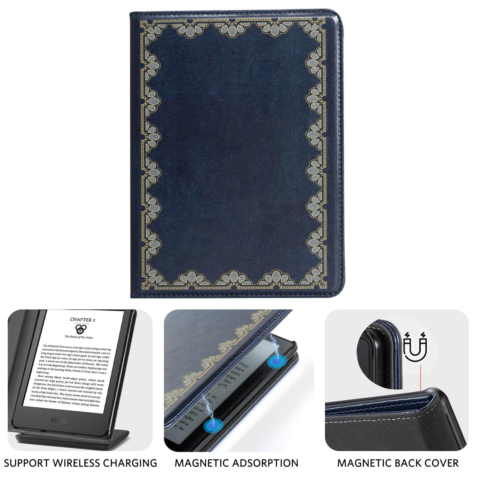 classics Dark Blue Background with Golden Flowers 6 inch kindle paperwhite stand Case
