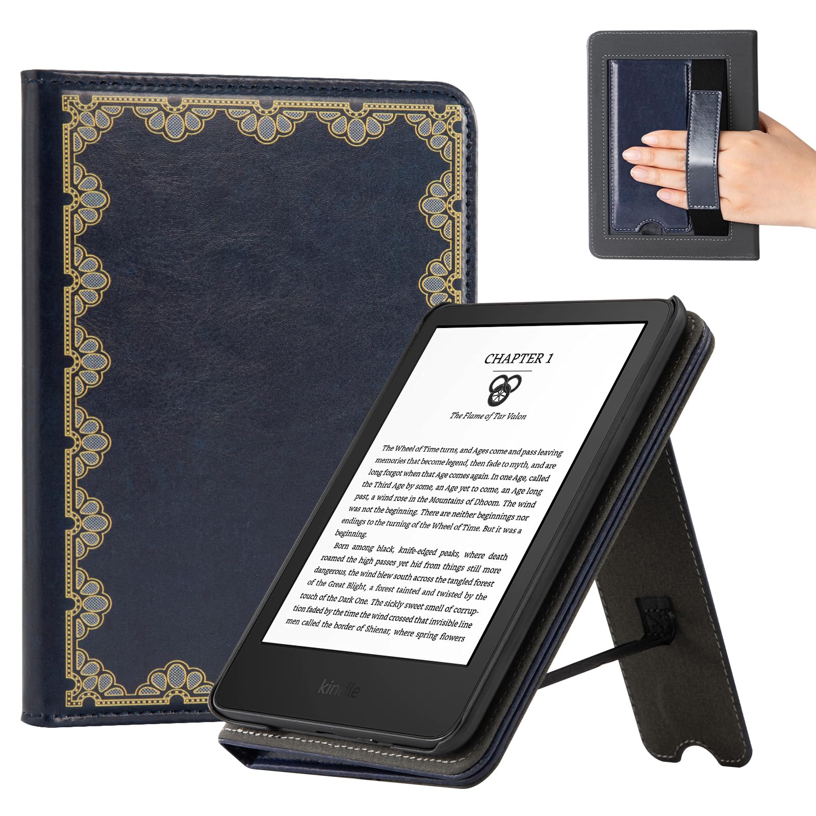classics Dark Blue Background with Golden Flowers 6 inch kindle paperwhite stand Case
