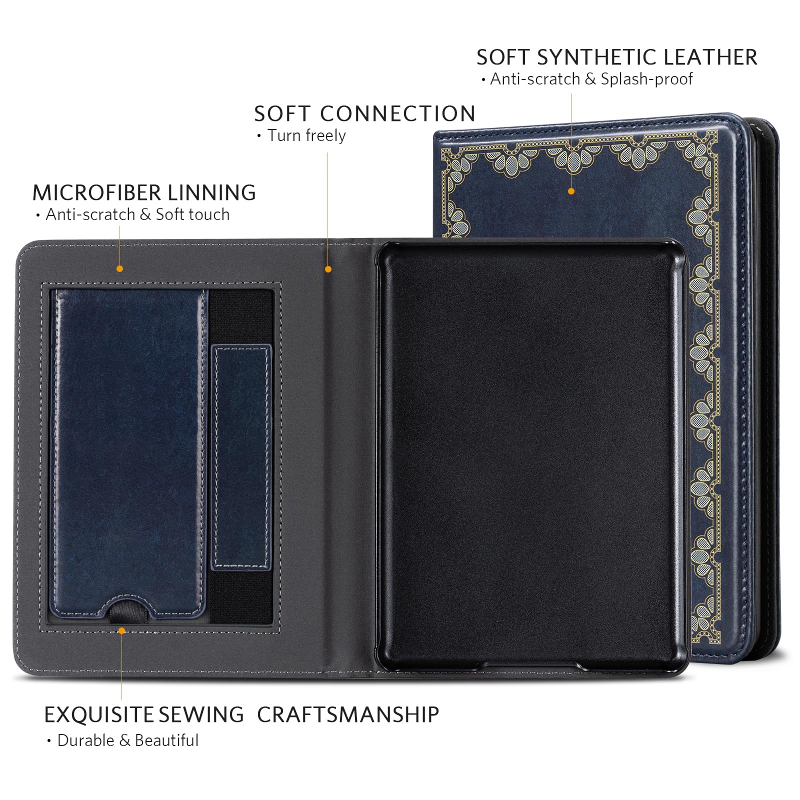 classics Dark Blue Background with Golden Flowers 6 inch kindle paperwhite stand Case