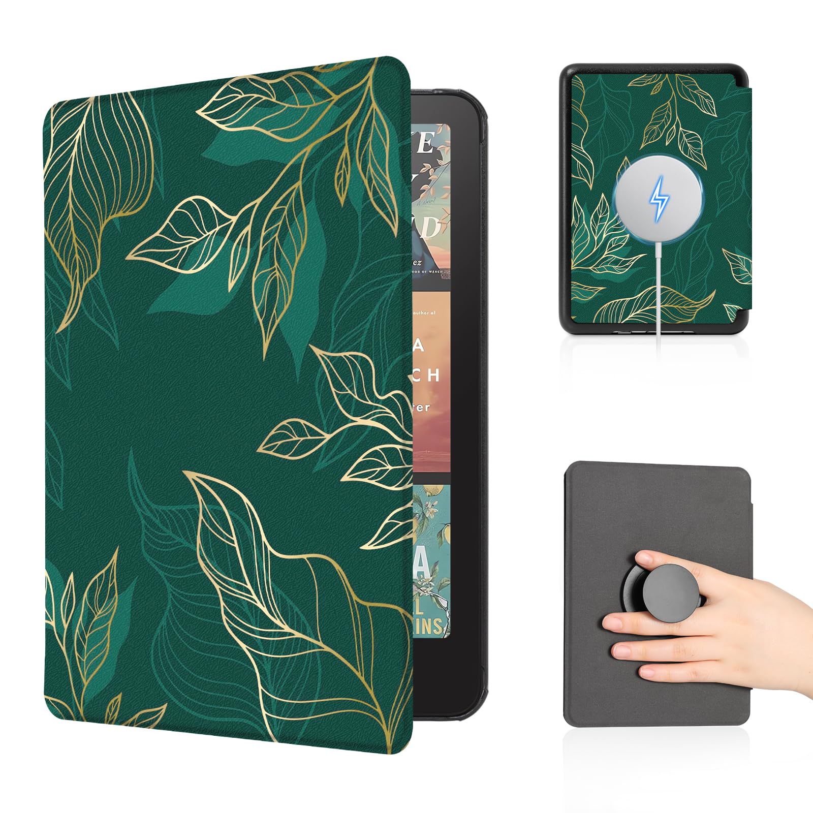 Kindle Paperwhite 12th Gen (2024 7 inch) Grip Case#Color_Dark Green Floral