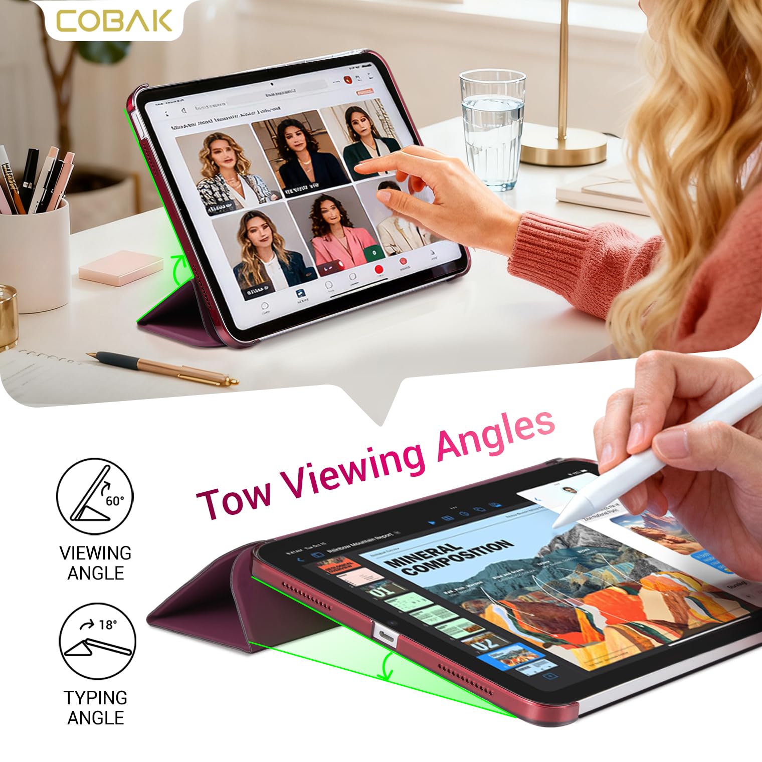 iPad 11th Gen (10th Compatible) Slim Stand Cover with Clear Hard Back, Touch ID#Color_Burgundy