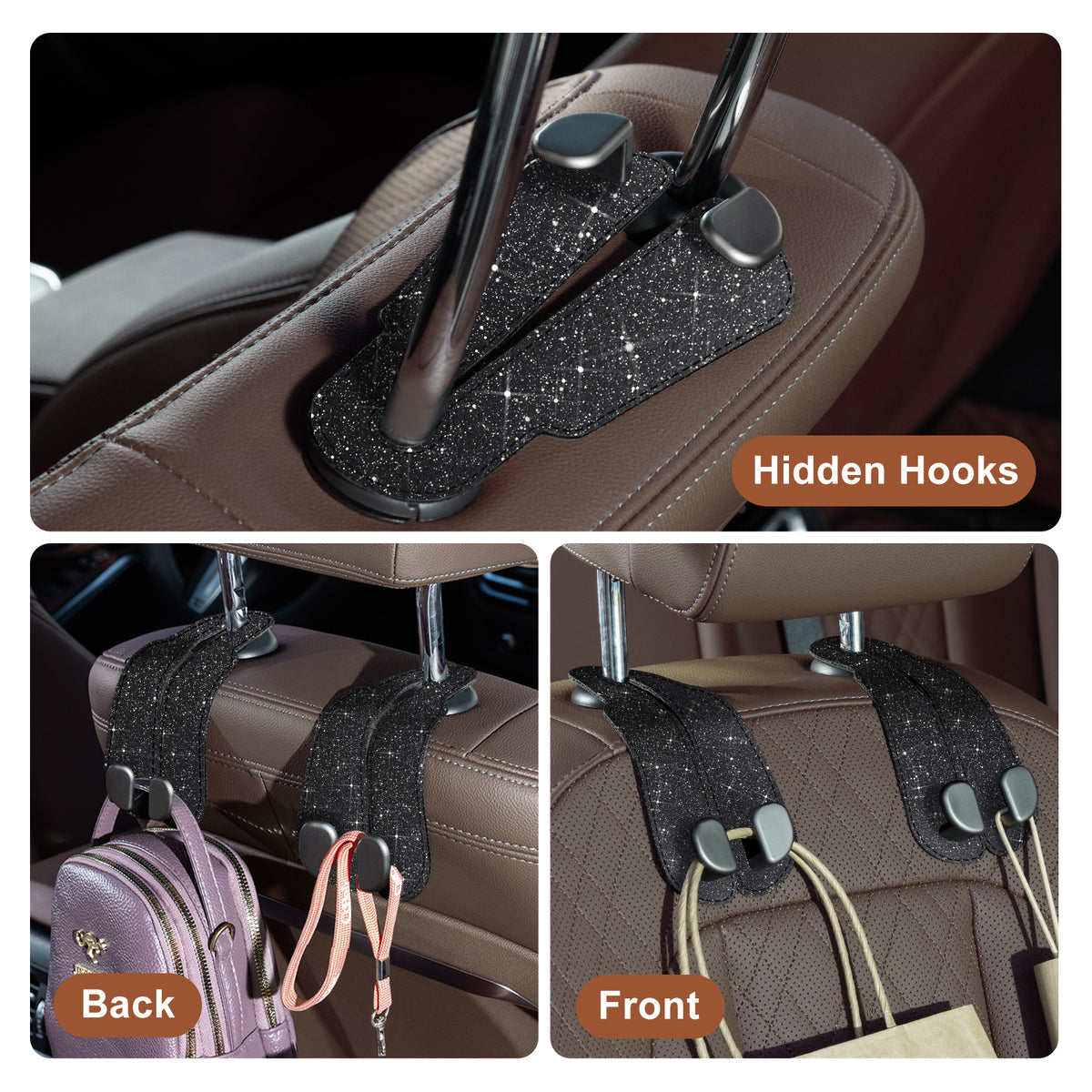 Car Seat Back Hook for Bags Leather Metal 4 Pack Organizer#Color_Glitter Black