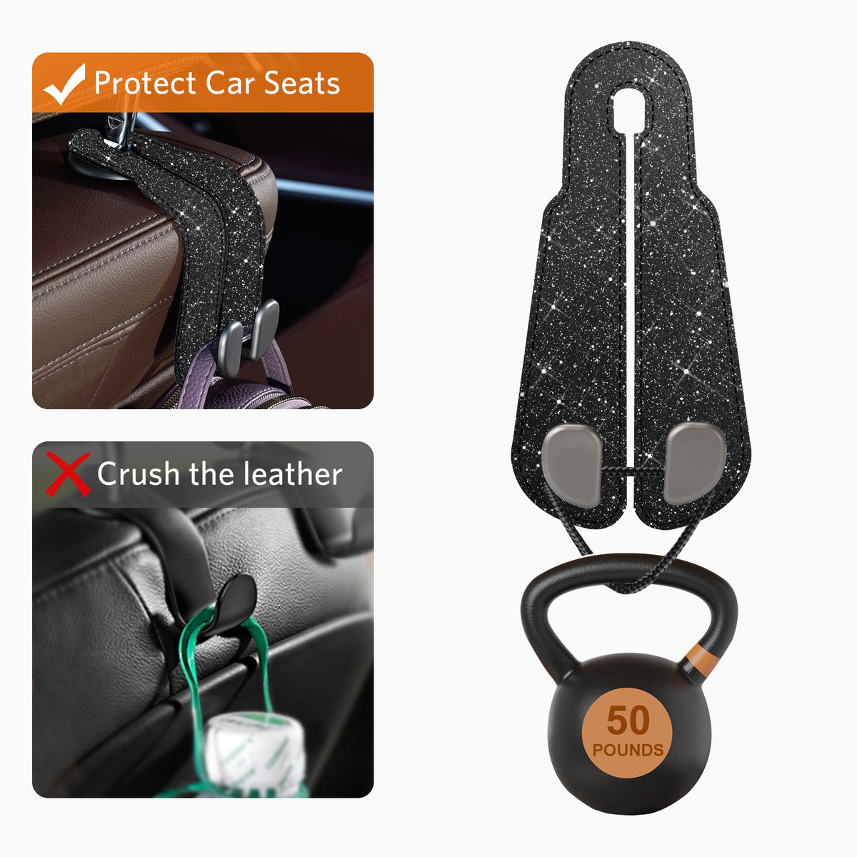 Car Seat Back Hook for Bags Leather Metal 4 Pack Organizer#Color_Glitter Black