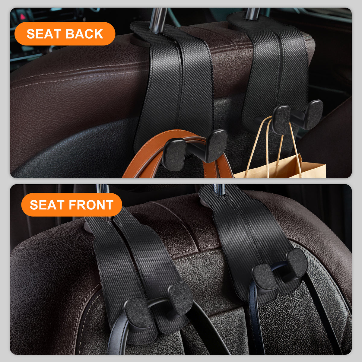 Car Seat Back Hook for Bags Leather Metal 4 Pack Organizer#Color_Carbon Fiber Black