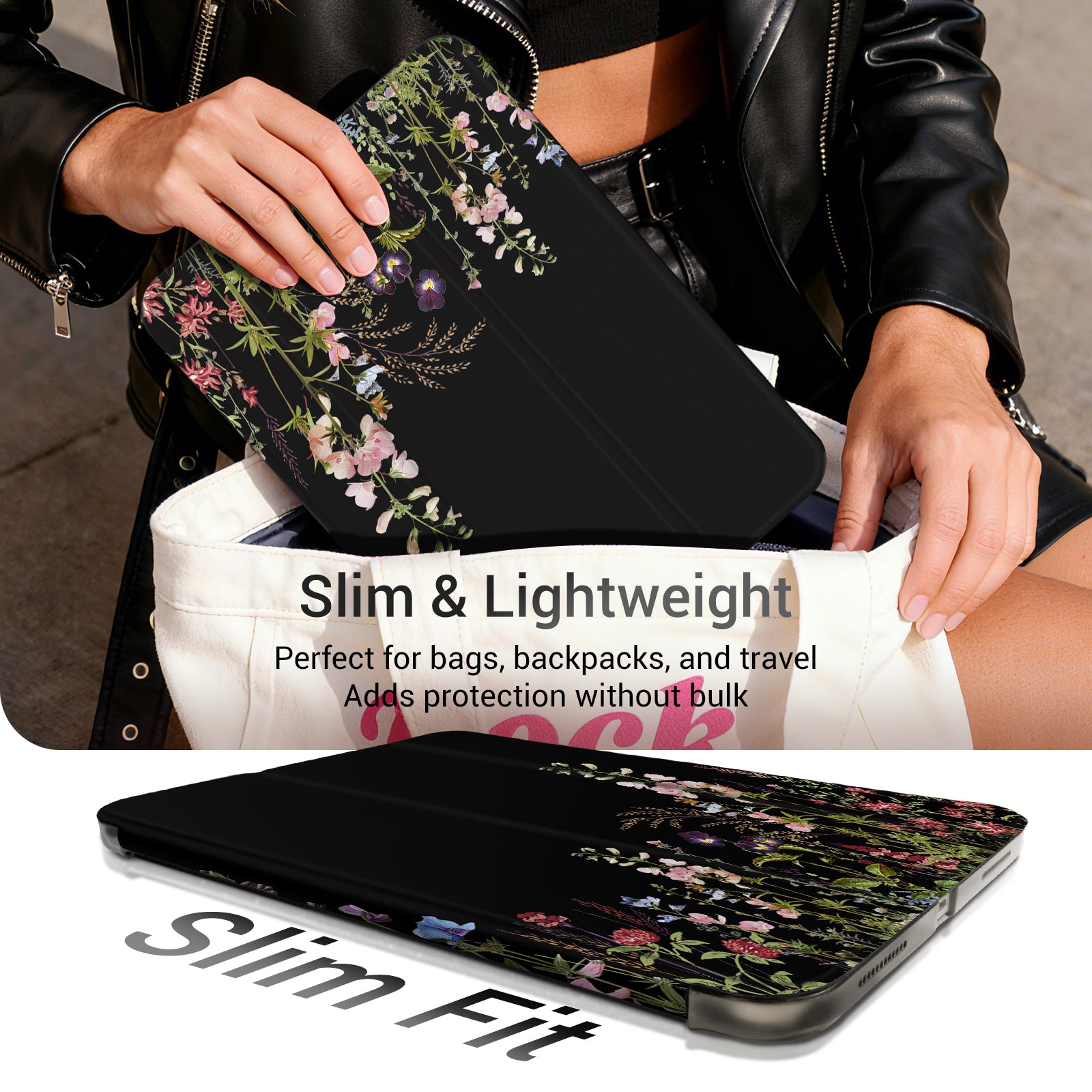 iPad 11th Gen (10th Compatible) Slim Stand Cover with Clear Hard Back, Touch ID#Color_Dark Botanica
