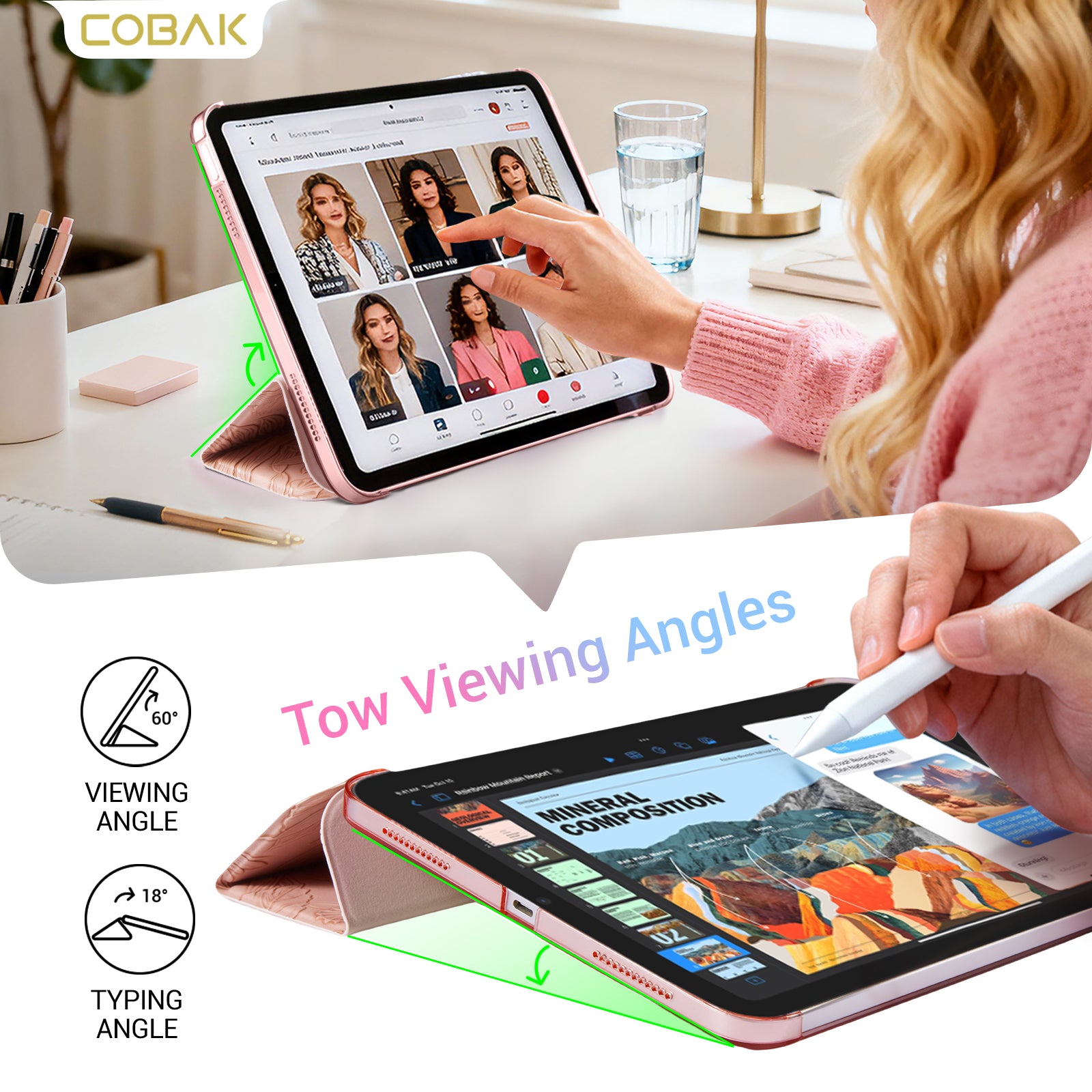 iPad 11th Gen (10th Compatible) Slim Stand Cover with Clear Hard Back, Touch ID#Color_Pink Floral