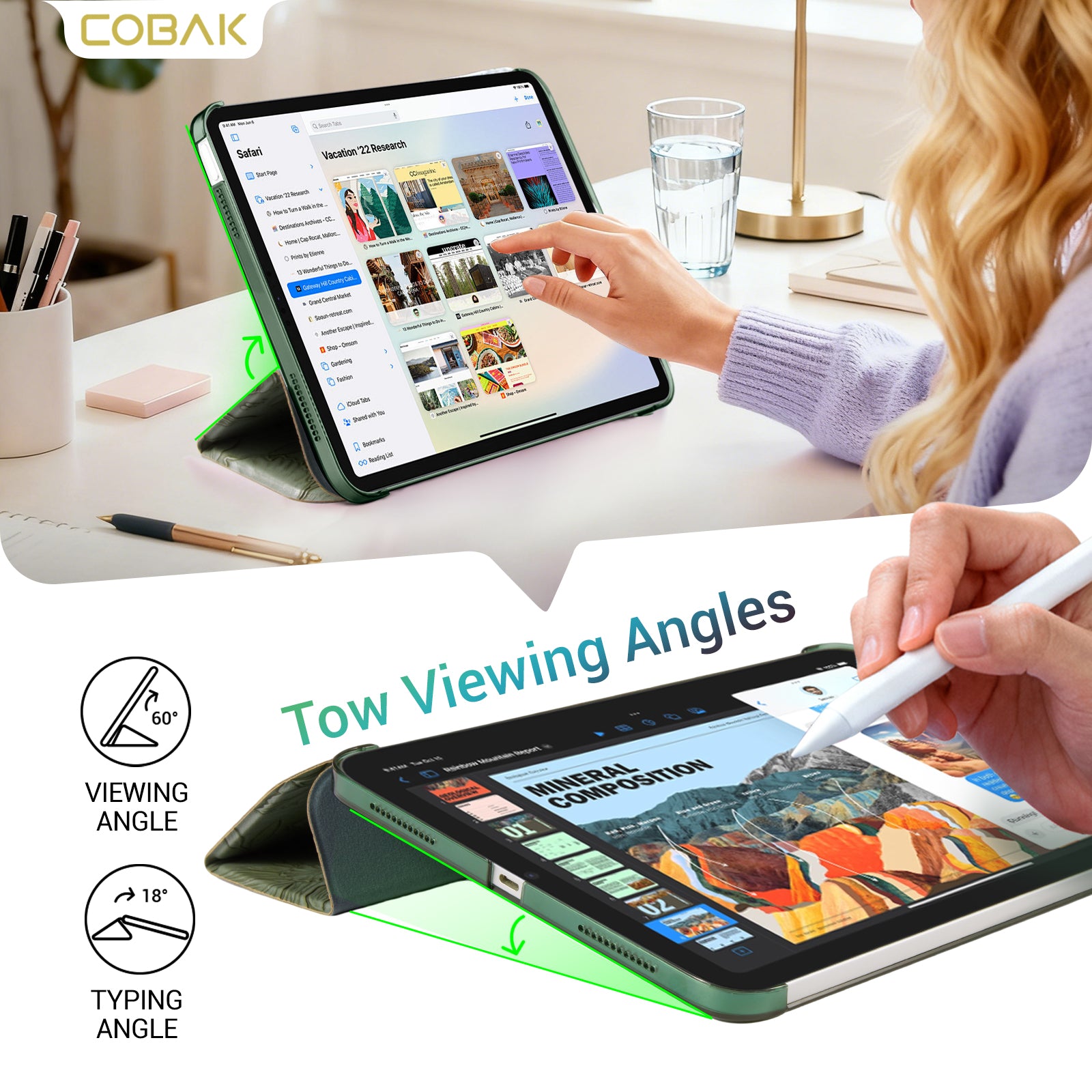 iPad 11th Gen (10th Compatible) Slim Stand Cover with Clear Hard Back, Touch ID#Color_Forest Flora