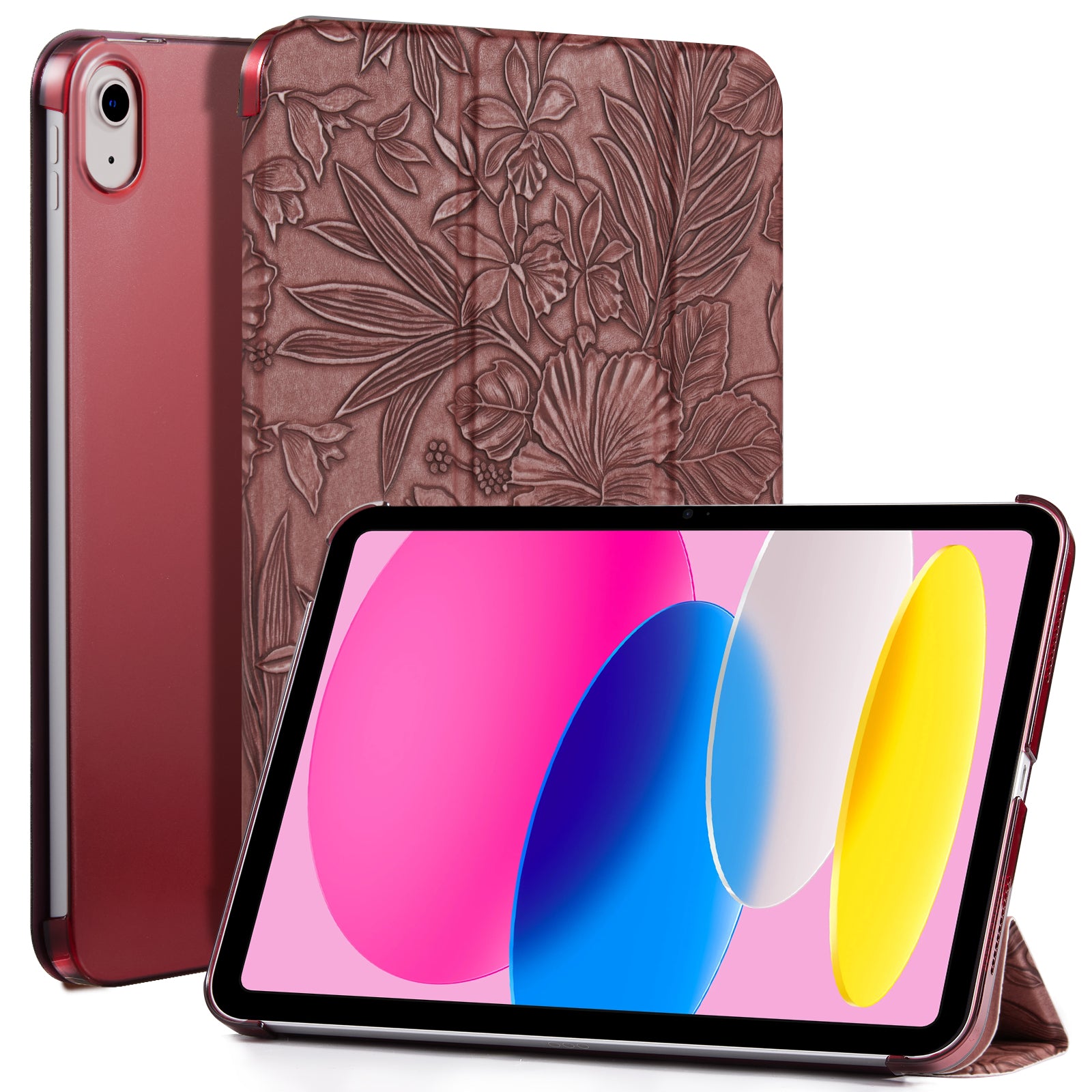 iPad 11th Gen (10th Compatible) Slim Stand Cover with Clear Hard Back, Touch ID#Color_Merlot Flora