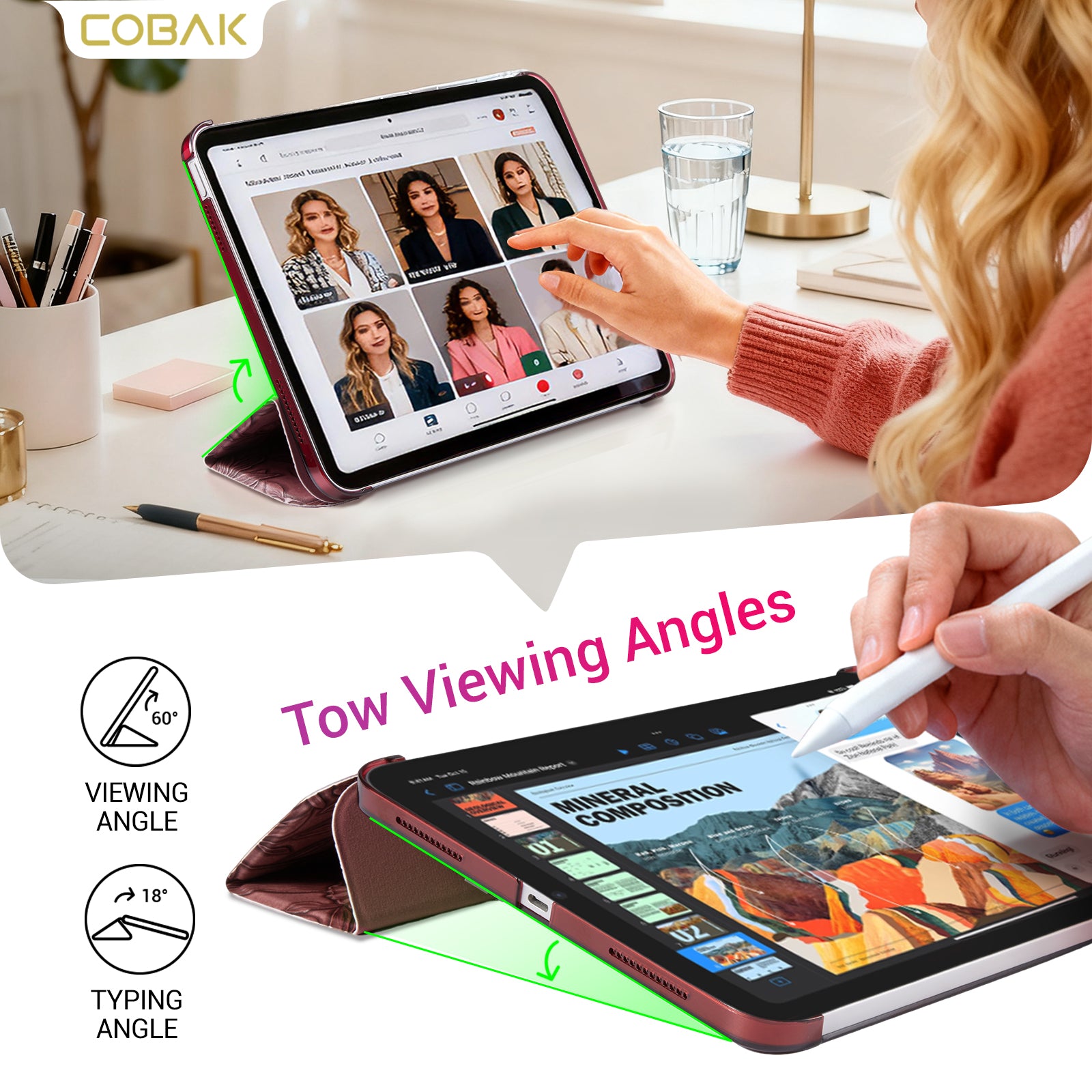 iPad 11th Gen (10th Compatible) Slim Stand Cover with Clear Hard Back, Touch ID#Color_Merlot Flora