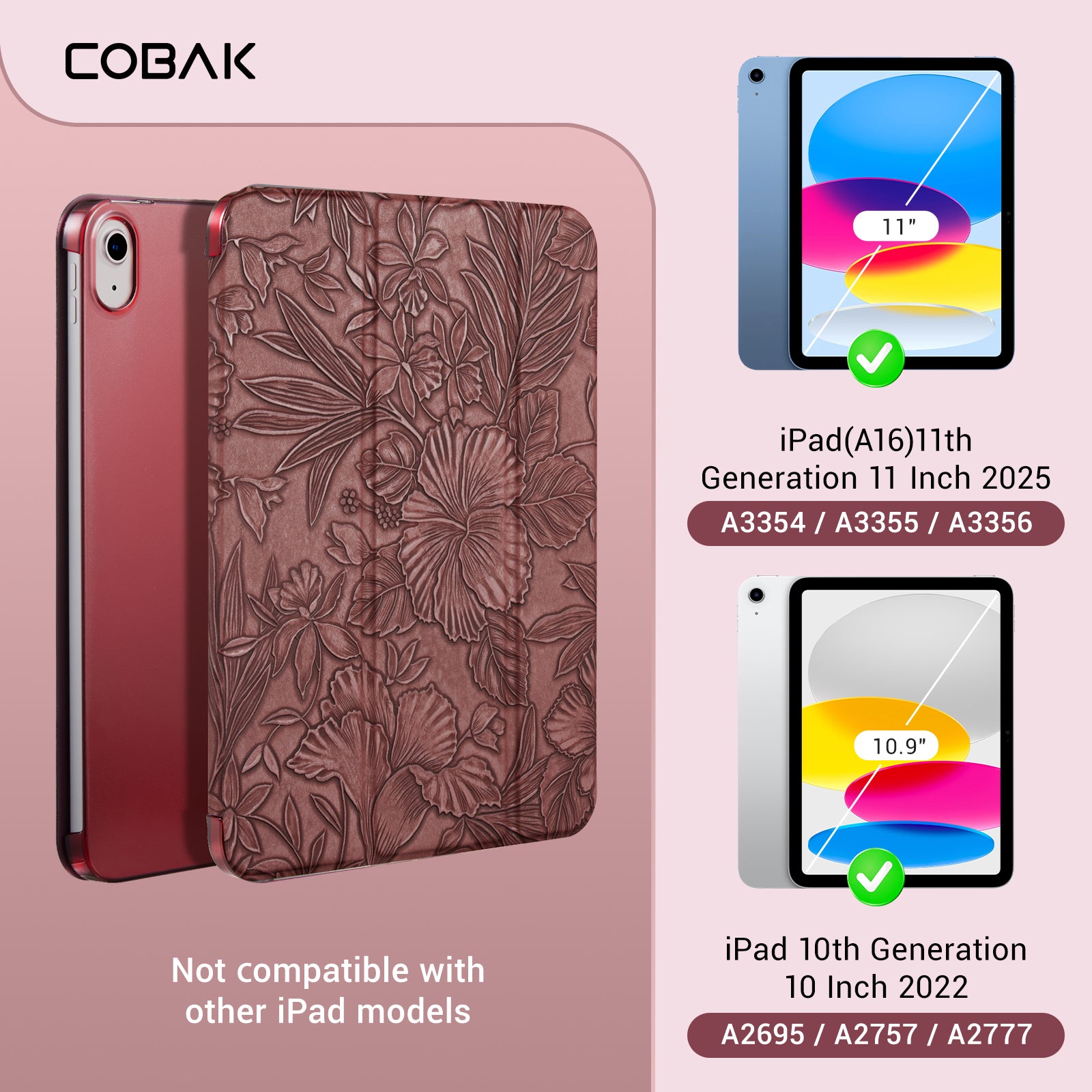 iPad 11th Gen (10th Compatible) Slim Stand Cover with Clear Hard Back, Touch ID#Color_Merlot Flora