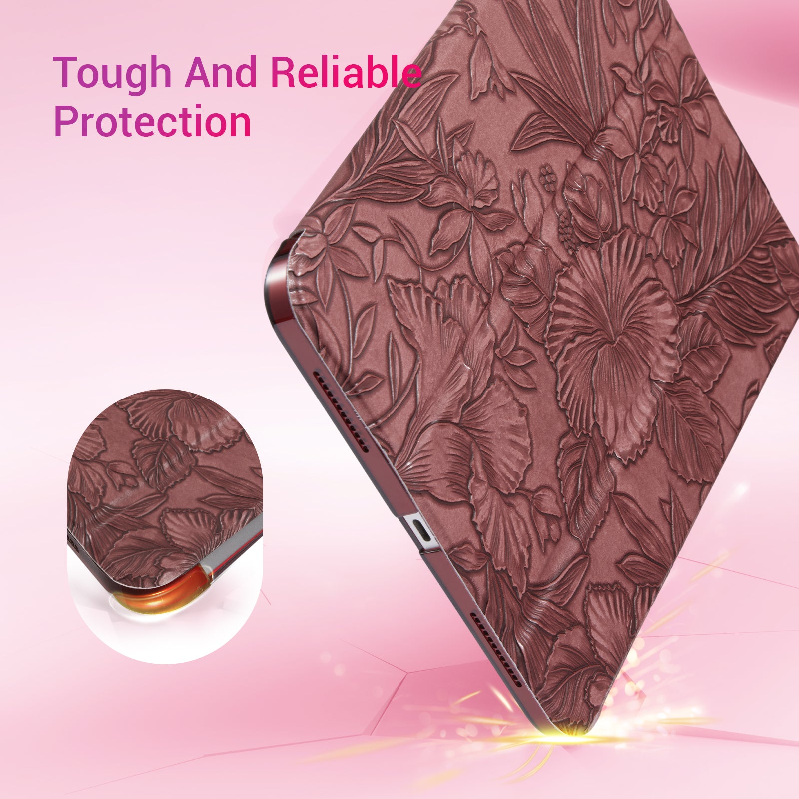 iPad 11th Gen (10th Compatible) Slim Stand Cover with Clear Hard Back, Touch ID#Color_Merlot Flora