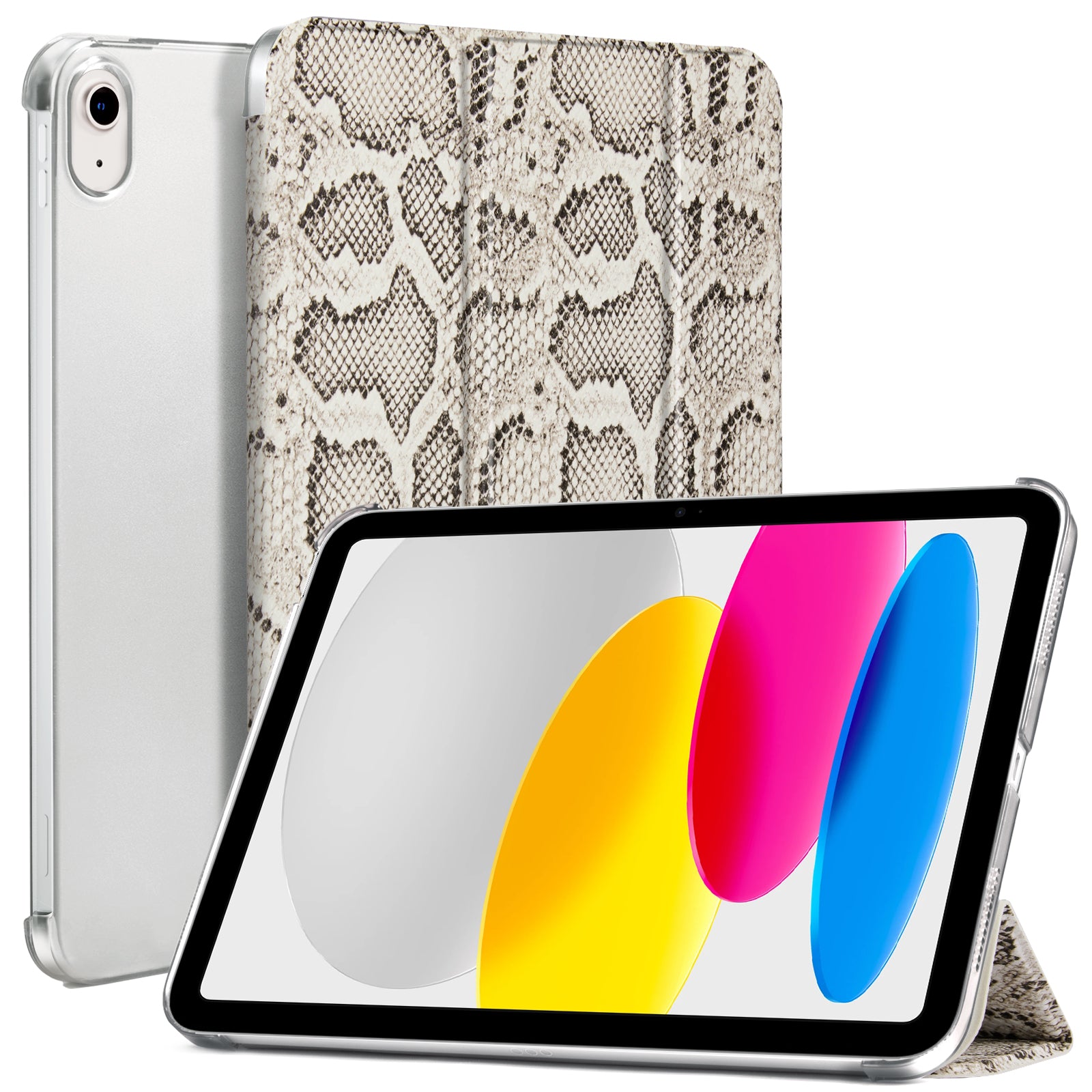 iPad 11th Gen (10th Compatible) Slim Stand Cover with Clear Hard Back, Touch ID#Color_B&W Snake