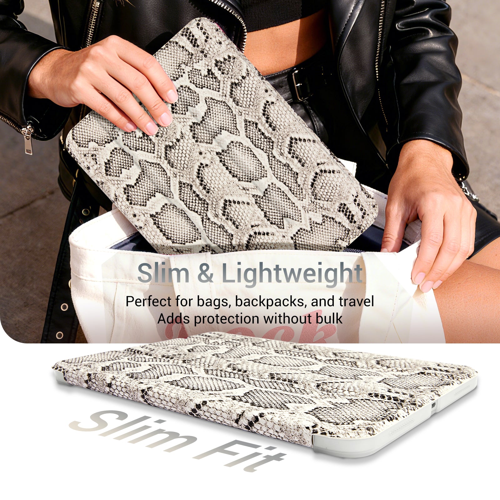 iPad 11th Gen (10th Compatible) Slim Stand Cover with Clear Hard Back, Touch ID#Color_B&W Snake