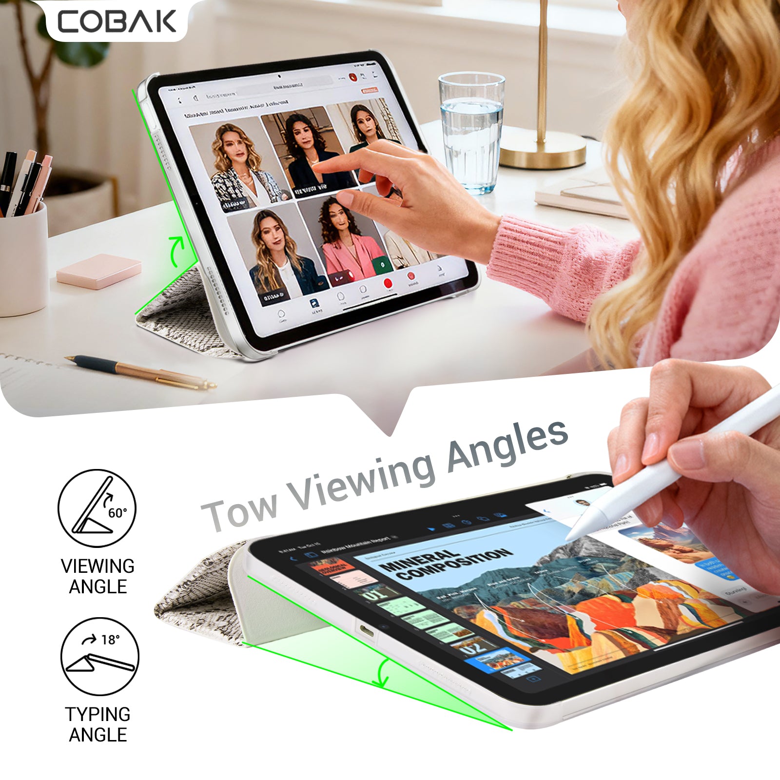 iPad 11th Gen (10th Compatible) Slim Stand Cover with Clear Hard Back, Touch ID#Color_B&W Snake