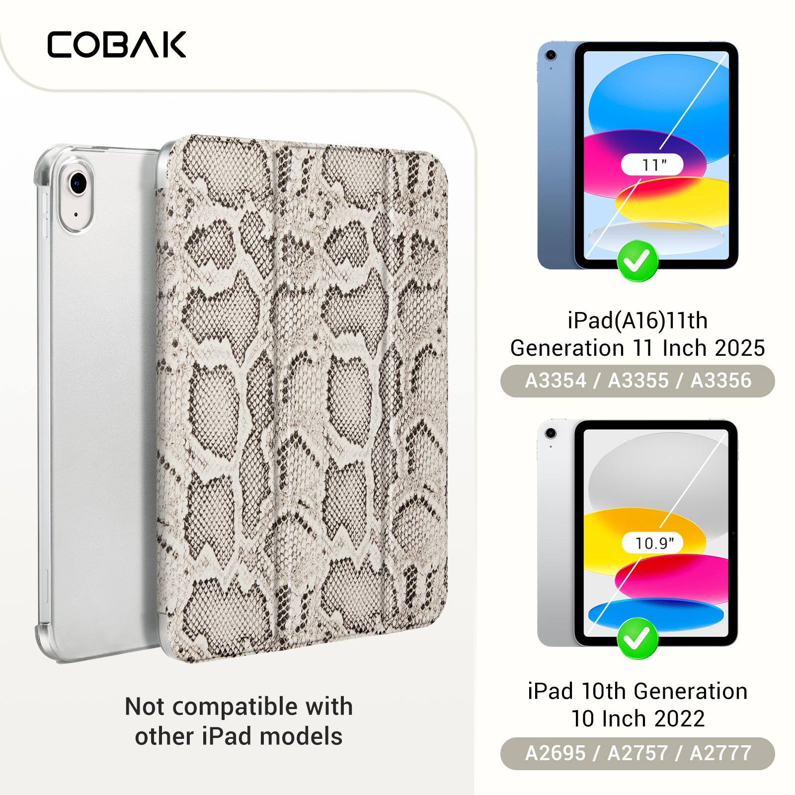 iPad 11th Gen (10th Compatible) Slim Stand Cover with Clear Hard Back, Touch ID#Color_B&W Snake