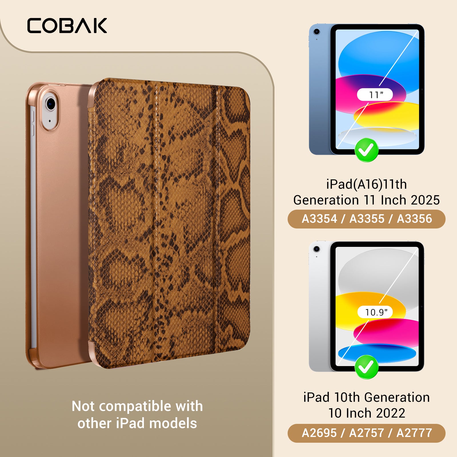 iPad 11th Gen (10th Compatible) Slim Stand Cover with Clear Hard Back, Touch ID#Color_Brown Python