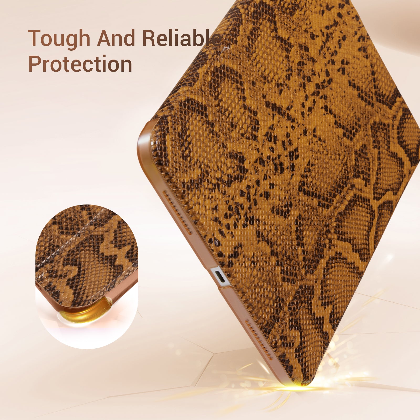iPad 11th Gen (10th Compatible) Slim Stand Cover with Clear Hard Back, Touch ID#Color_Brown Python