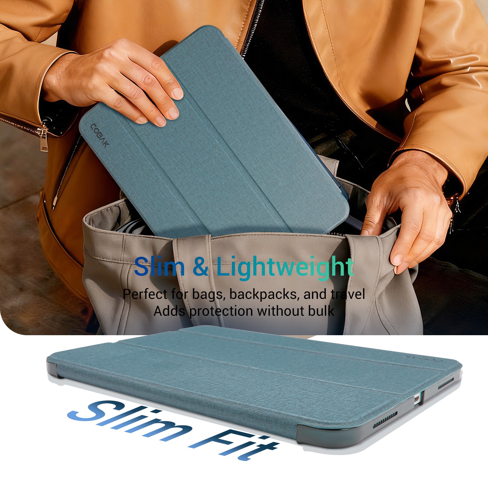 iPad 11th Gen (10th Compatible) Slim Stand Cover with Clear Hard Back, Touch ID#Color_Fabric Slate Blue