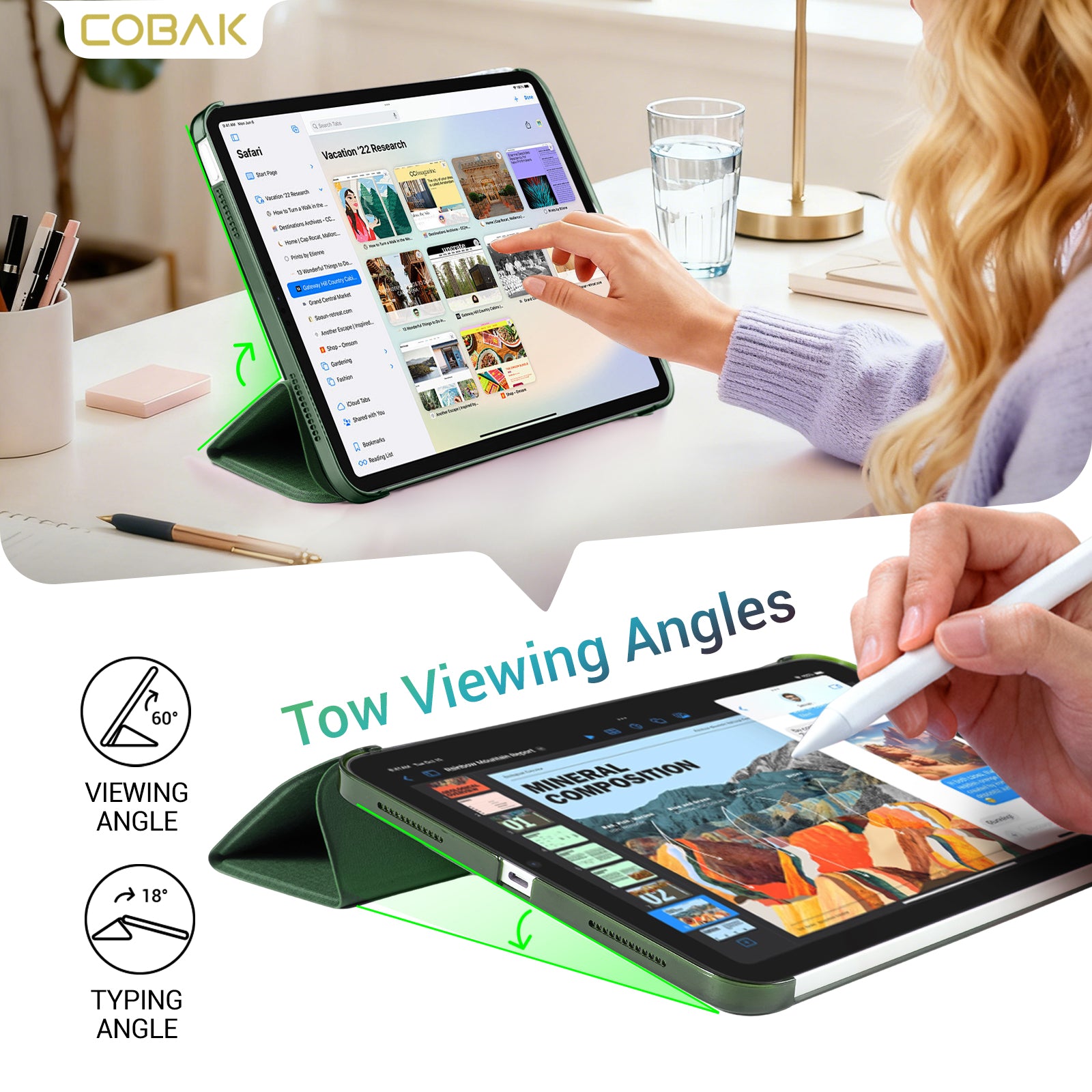iPad 11th Gen (10th Compatible) Slim Stand Cover with Clear Hard Back, Touch ID#Color_Fabric Pine Green
