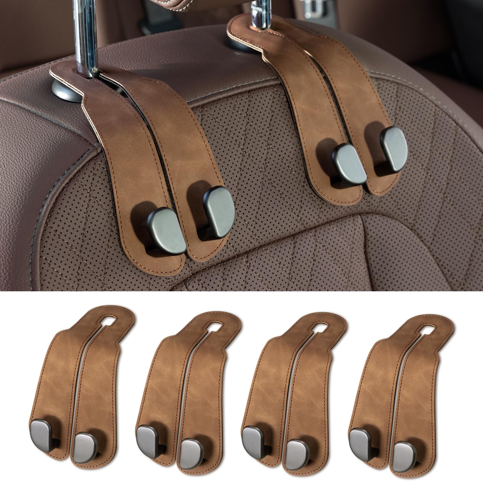 Car Seat Back Hook for Bags Leather Metal 4 Pack Organizer