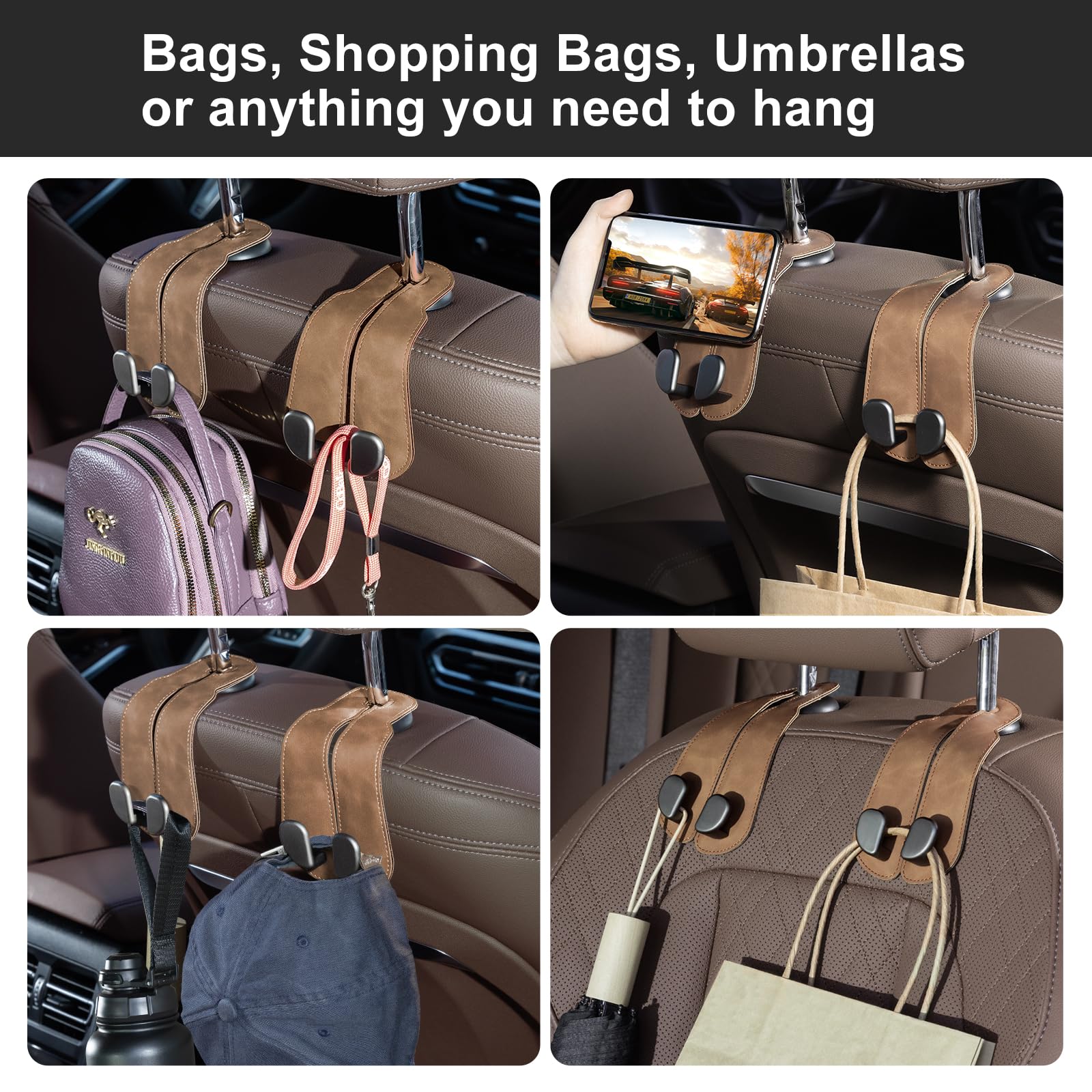 Car Seat Back Hook for Bags Leather Metal 4 Pack Organizer