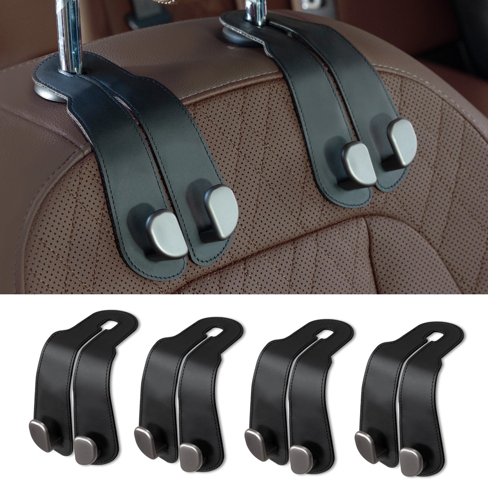 Car Seat Back Hook for Bags Leather Metal 4 Pack Organizer