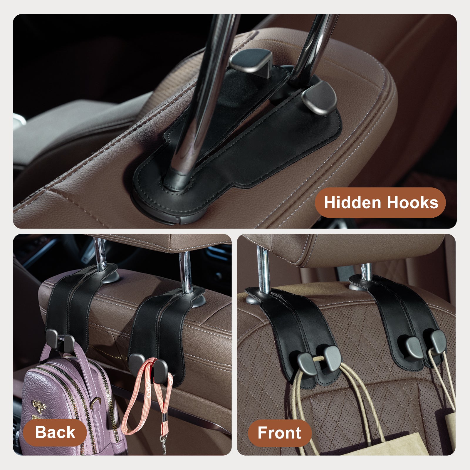 Car Seat Back Hook for Bags Leather Metal 4 Pack Organizer