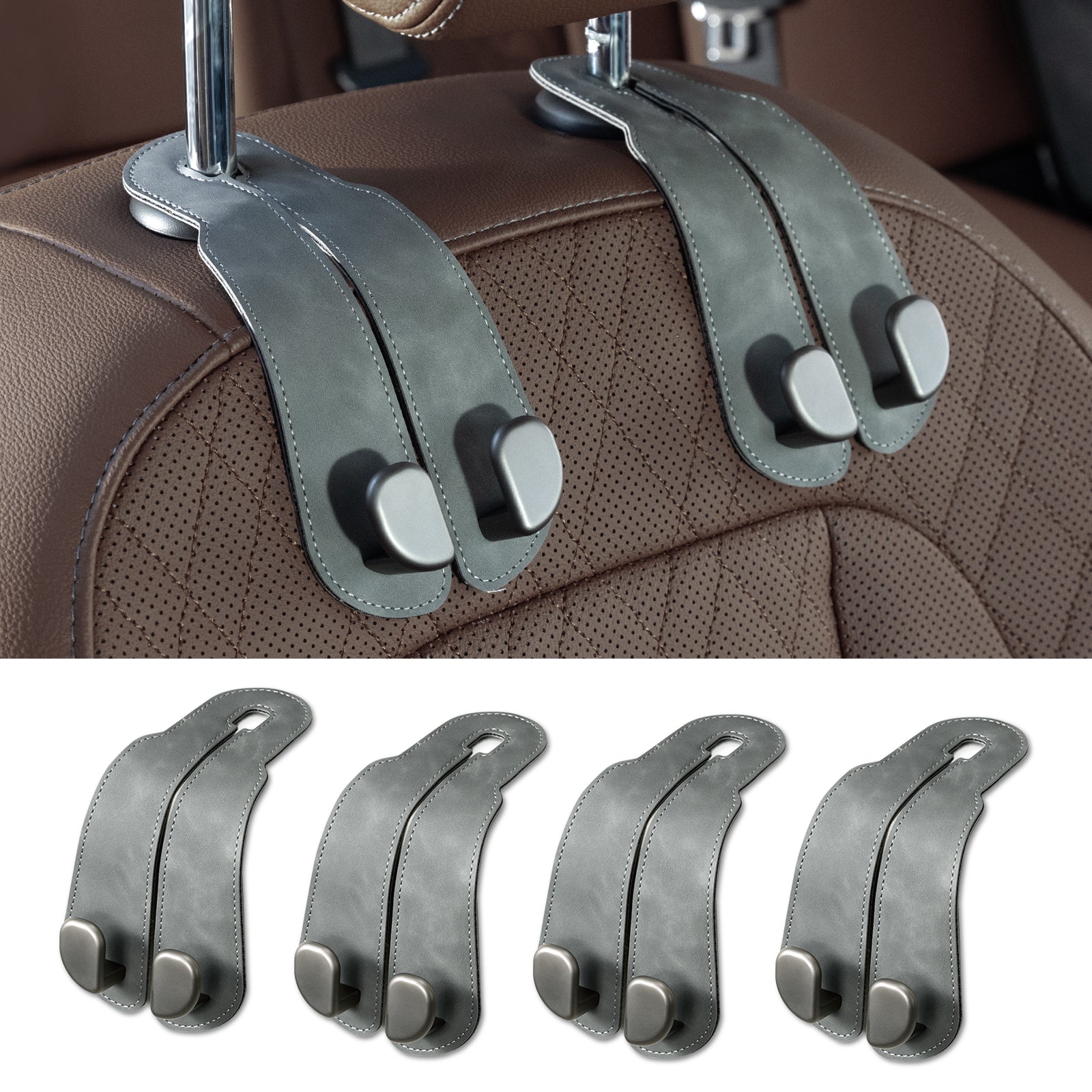 Car Seat Back Hook for Bags Leather Metal 4 Pack Organizer