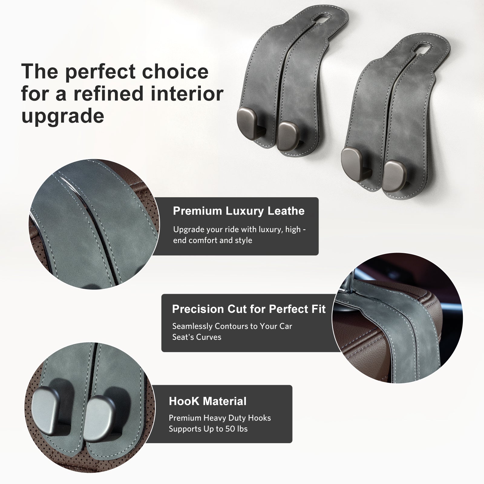 Car Seat Back Hook for Bags Leather Metal 4 Pack Organizer