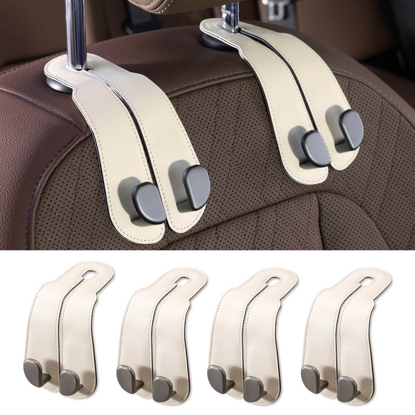 Car Seat Back Hook for Bags Leather Metal 4 Pack Organizer