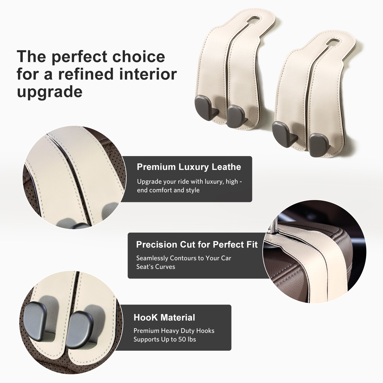 Car Seat Back Hook for Bags Leather Metal 4 Pack Organizer