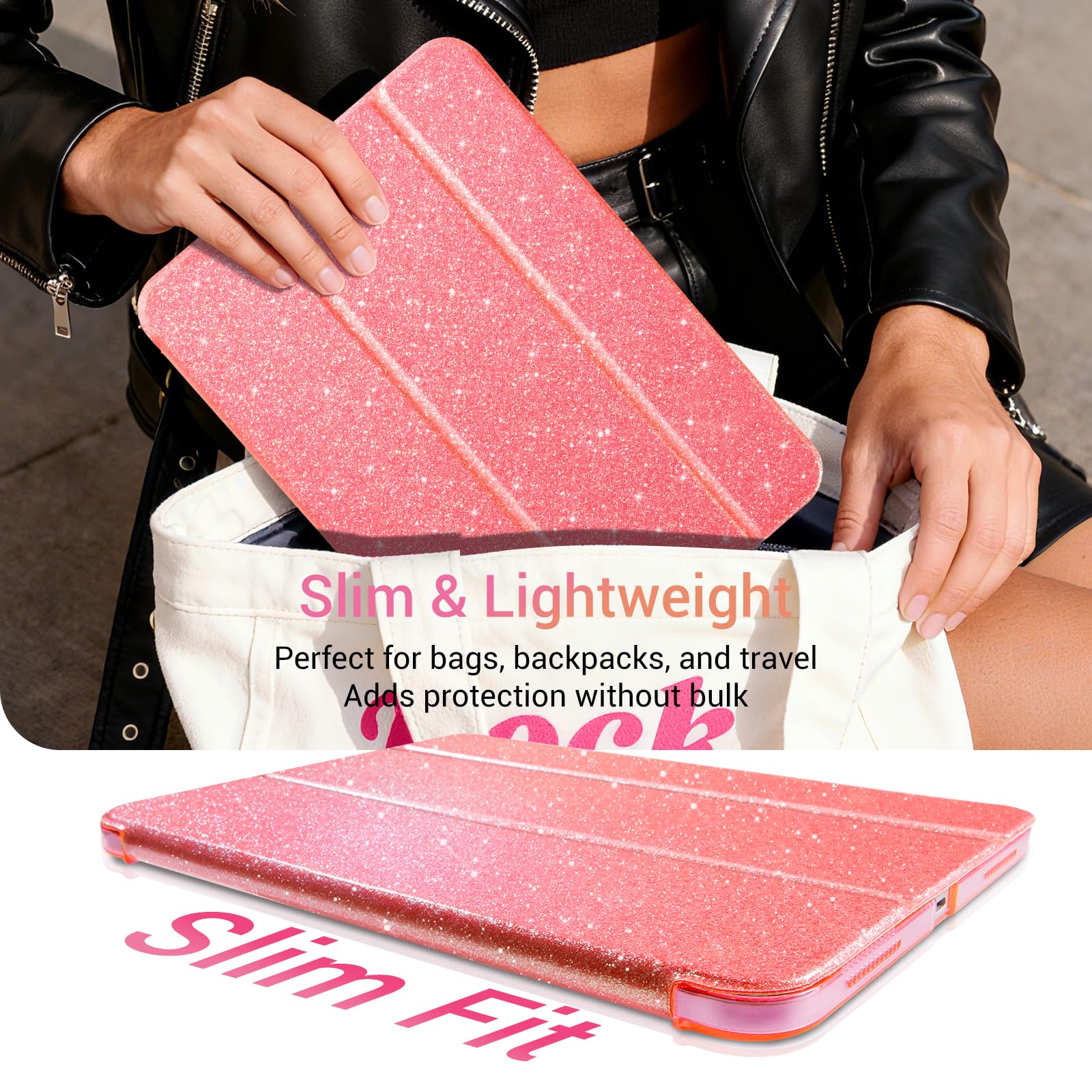 iPad 11th Gen (10th Compatible) Slim Stand Cover with Clear Hard Back, Touch ID#Color_Rose Gold Glitter