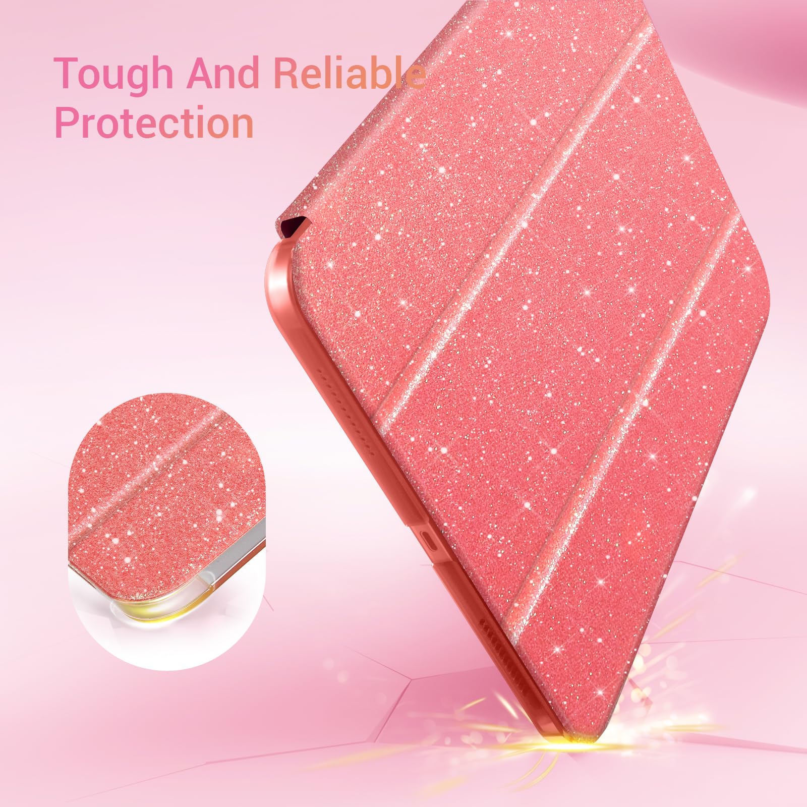 iPad 11th Gen (10th Compatible) Slim Stand Cover with Clear Hard Back, Touch ID#Color_Rose Gold Glitter
