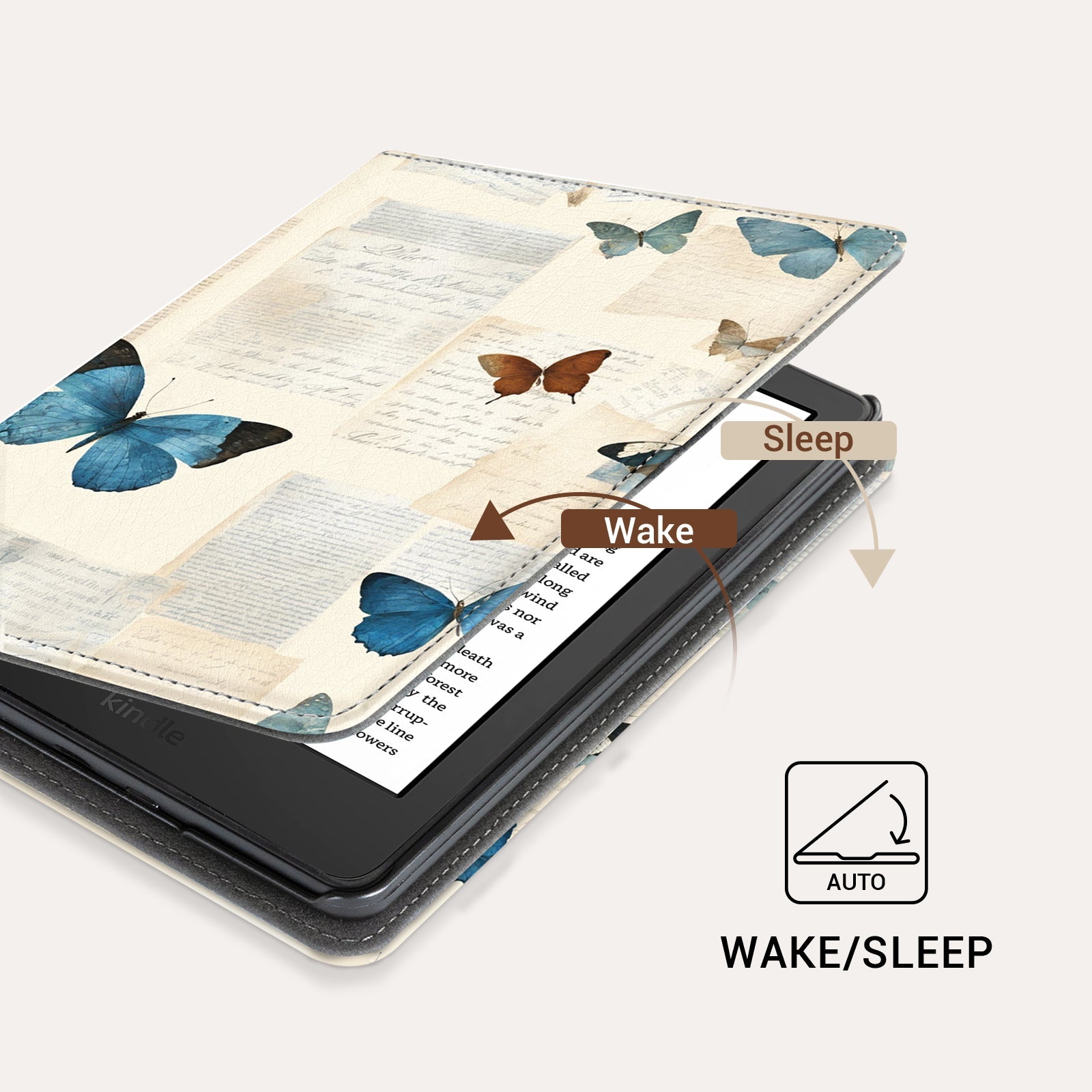 Eden Beige Butterfly Kindle Basic 6 Inch Case With Stand