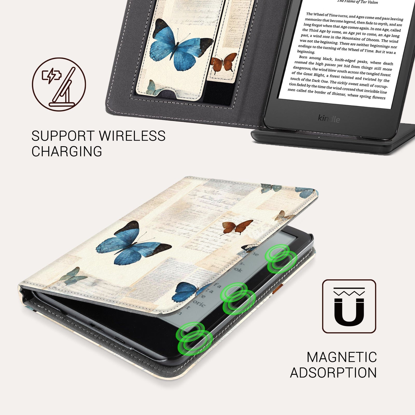 Eden Beige Butterfly Kindle Basic 6 Inch Case With Stand