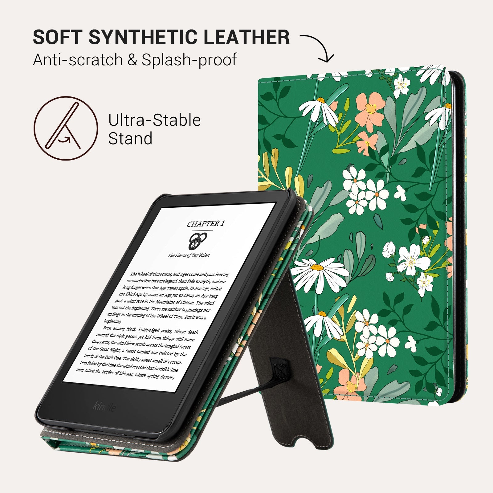 Eden Dark Green Floral Kindle Basic 6 Inch Case With Stand