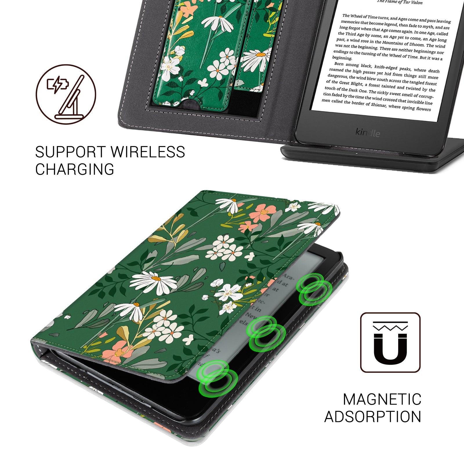 Eden Dark Green Floral Kindle Basic 6 Inch Case With Stand