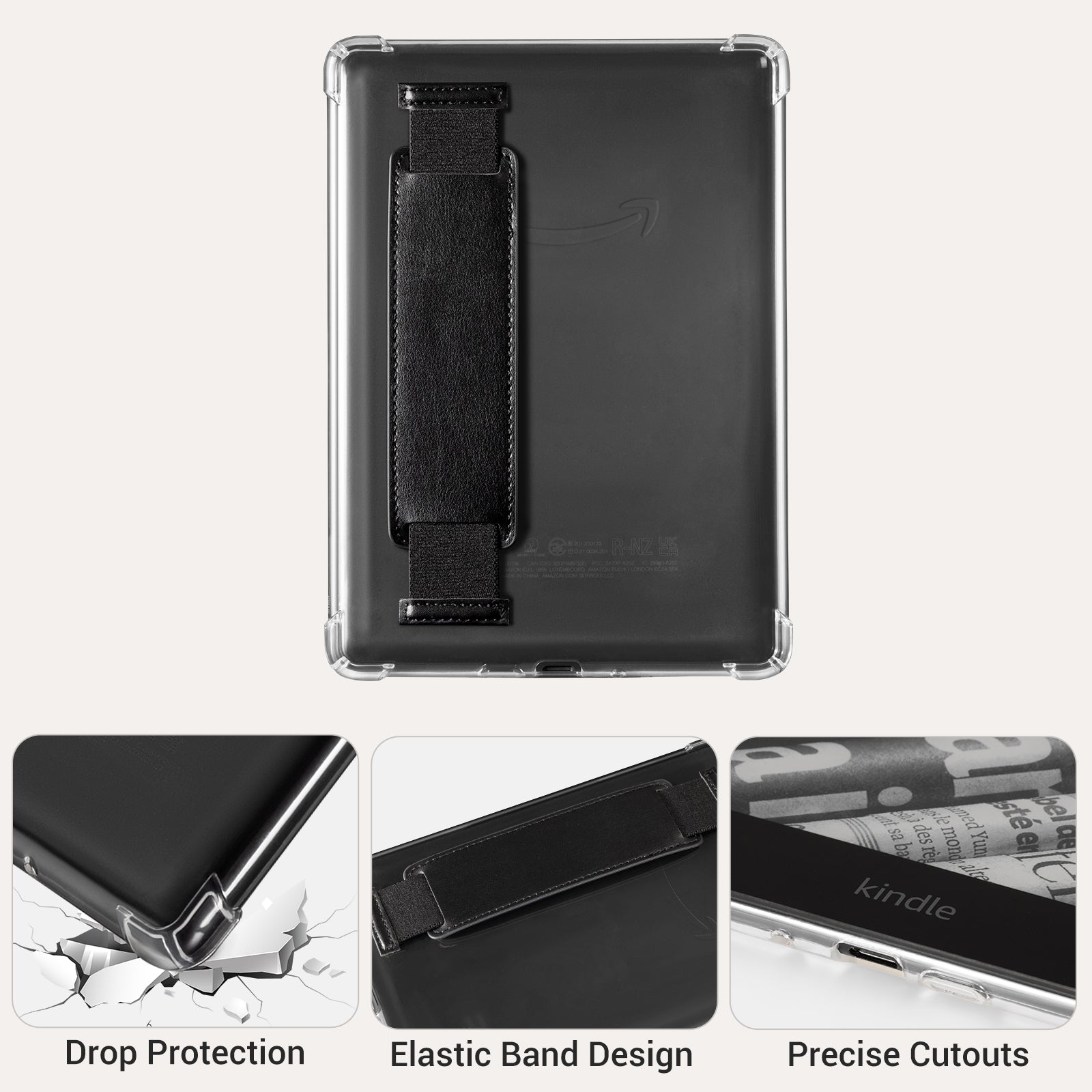 Kindle Paperwhite 12th Gen (2024 7 inch) Clear with Hand Strap Case#Color_Black