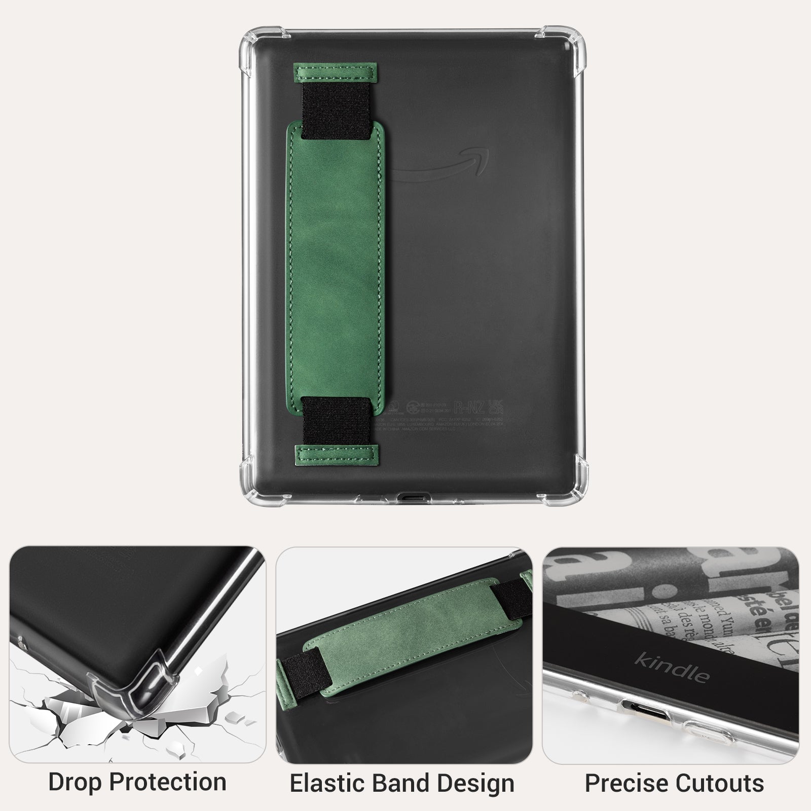 Kindle Paperwhite 12th Gen (2024 7 inch) Clear with Hand Strap Case#Color_Emerald Green