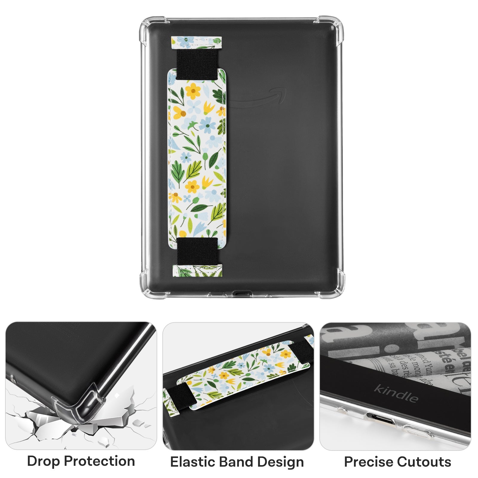 Kindle Paperwhite 12th Gen (2024 7 inch) Clear with Hand Strap Case#Color_Green Leaves with Yellow Blossoms