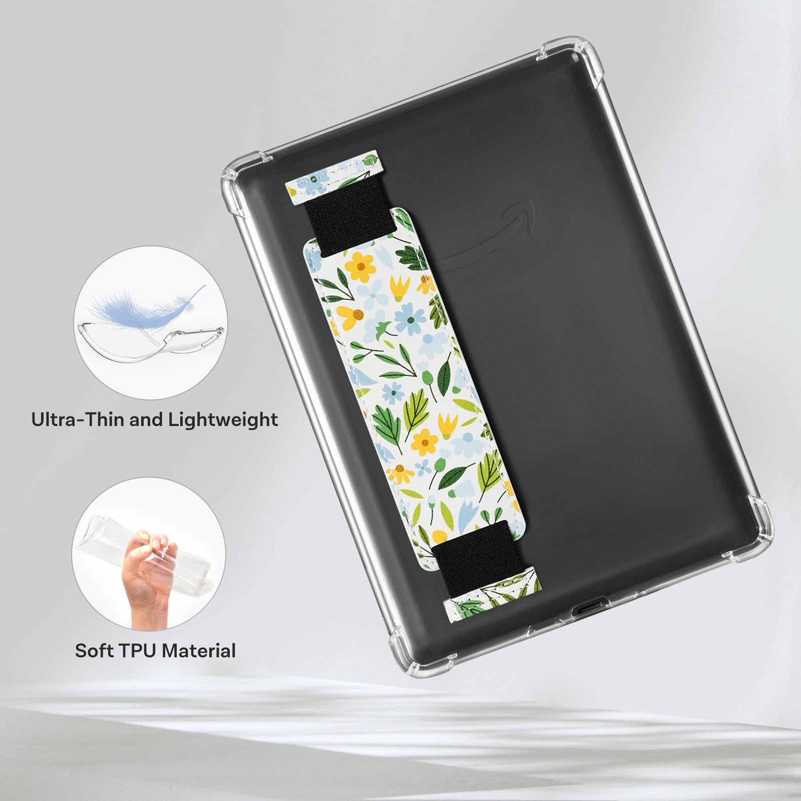 Kindle Paperwhite 12th Gen (2024 7 inch) Clear with Hand Strap Case#Color_Green Leaves with Yellow Blossoms