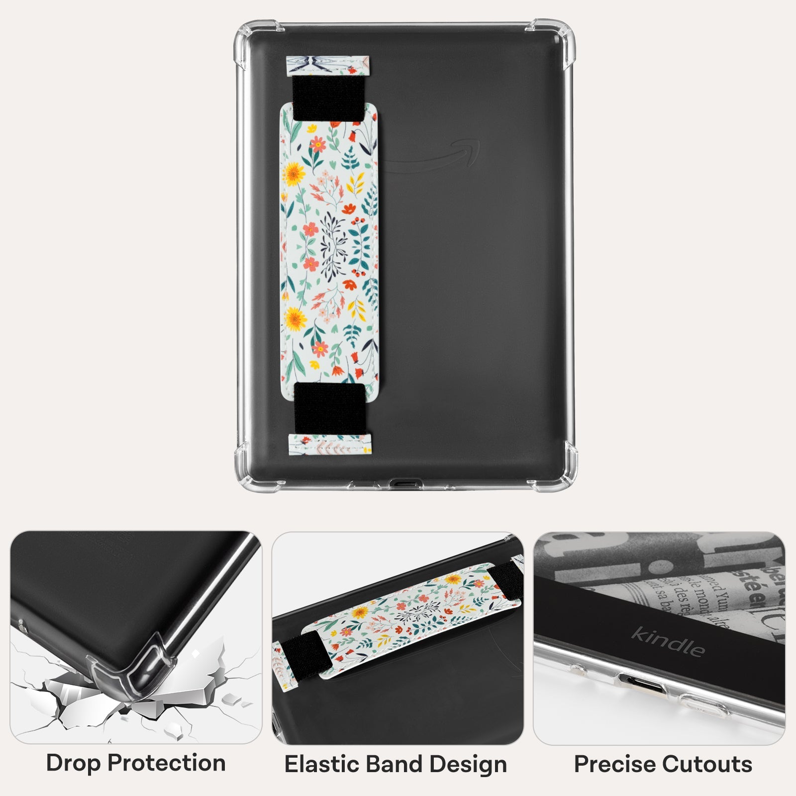 Kindle Paperwhite 12th Gen (2024 7 inch) Clear with Hand Strap Case#Color_Light Green Background with Sea of Flowers