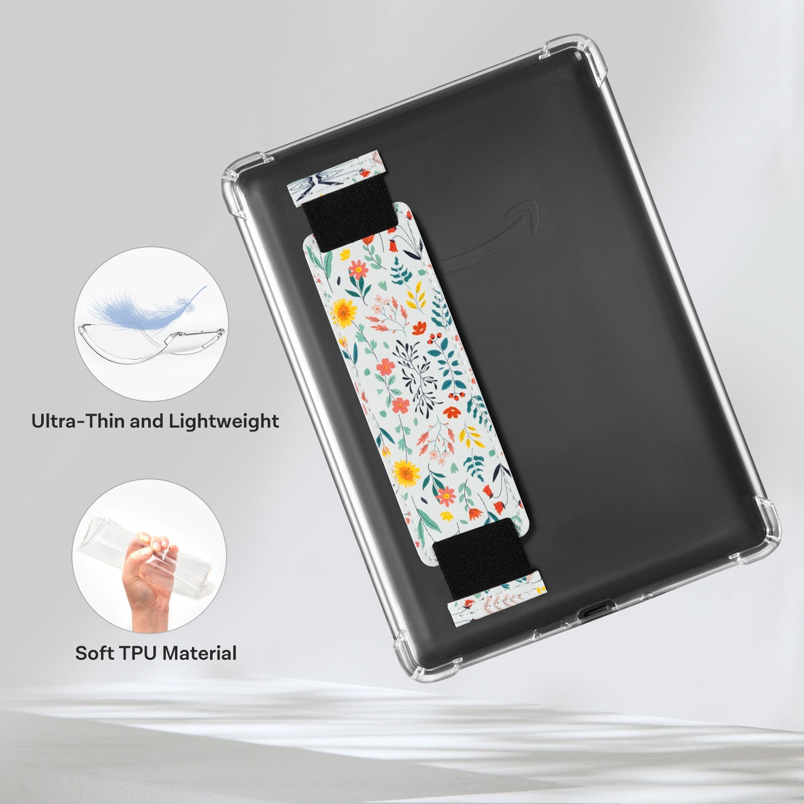 Kindle Paperwhite 12th Gen (2024 7 inch) Clear with Hand Strap Case#Color_Light Green Background with Sea of Flowers